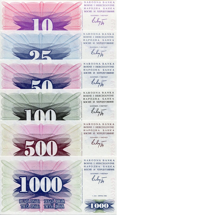 Bosnia 10 - 1000 Dinara Pick Number: 10-15 UNC Banknote