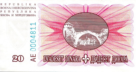 Bosnia 20 Dinara Pick Number: 42 UNC Banknote