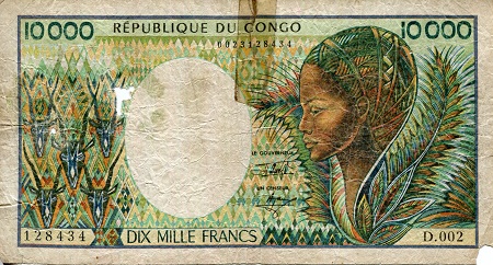 Congo Republic 10,000 Francs Pick Number: 13a G/Poor (see large scan) Banknote