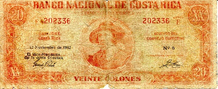 Costa Rica  20 Colones Pick Number: 202b G/Poor (See large scan) Banknote