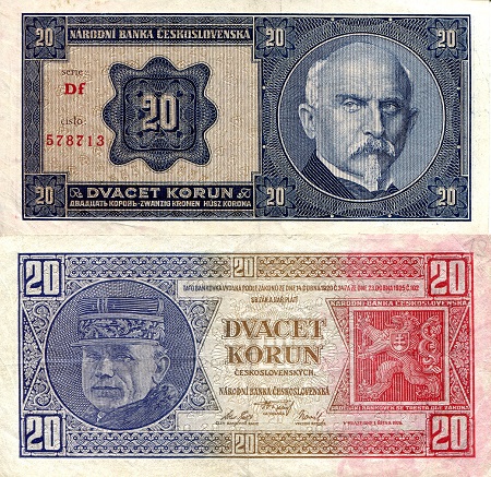 Czechoslovakia  20 Korun Pick Number: 21b XF (see large scan) Banknote