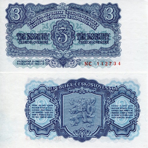 Czechoslovakia  3 Korun Pick Number: 79b aUNC/XF Banknote