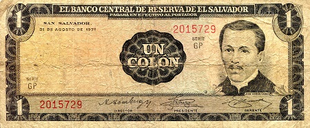 El Salvador 1 Colon  Pick Number: 115 VG (see large scan) Banknote