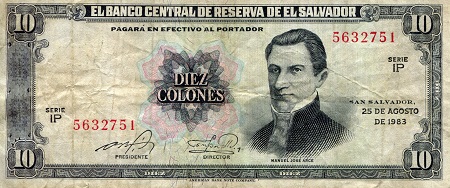 El Salvador 10 Colones Pick Number: 135a F/VG (see large scan) Banknote