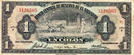 El Salvador 1 Colon  Pick Number: 83a VG (see large scan) Banknote