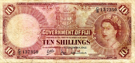 Fiji 10 Shillings Pick Number: 52c F (see large scan) Dirt Marks Banknote