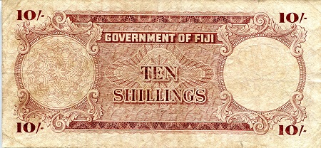 Fiji 10 Shillings F (see large scan) Dirt Marks pick #: 52c