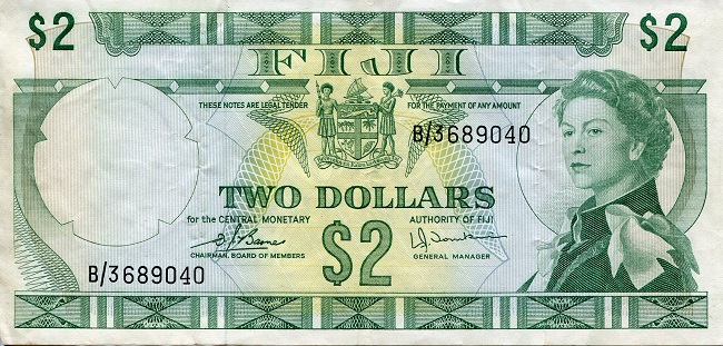 Fiji 2 Dollars Pick Number: 72c VF Banknote