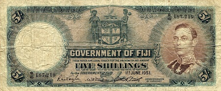 Fiji 5 Shillings Pick Number: 37k VG (See large scan) Banknote