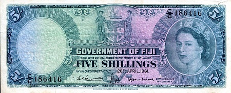 Fiji 5 Shillings Pick Number: 51b F/VG (see scan) PINHOLES Banknote