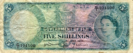 Fiji 5 Shillings Pick Number: 51a F/VG (see large scan) Banknote