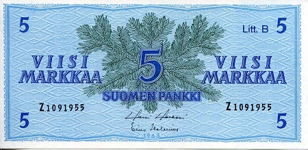 Finland 5 Markkaa Pick Number: 103b UNC Banknote