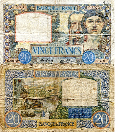 France 20 Francs Pick Number: 92b F/VG (written on pin holes) Banknote