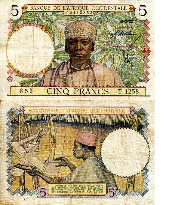 French West Africa  5 Francs Pick Number: 21 VF/F (see scan) Banknote