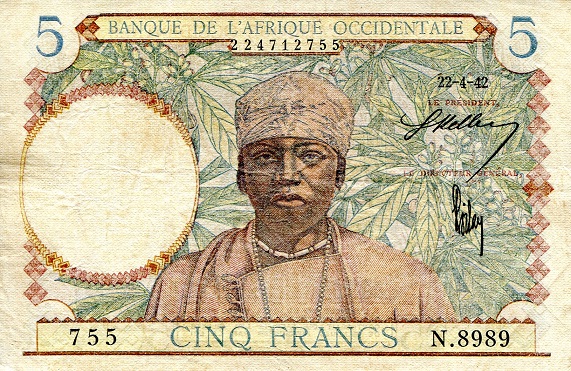French West Africa  5 Francs Pick Number: 25 VF Banknote