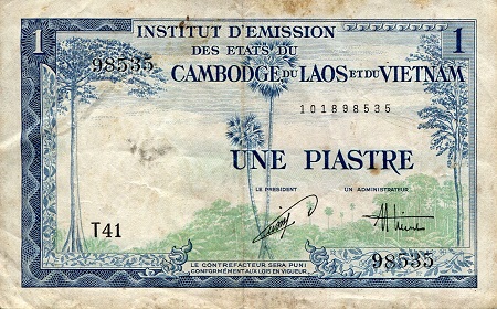 French Indochina 1 Piastre Pick Number: 105a VF/F (see large scan) Banknote