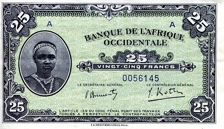 French West Africa  25 Francs Pick Number: 30b VF+ Banknote