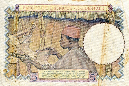 French West Africa  5 Francs VF/F (small hole - see scan) pick #: 26a