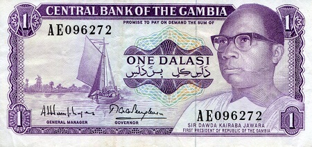 Gambia 1 Dalasi Pick Number: 4g VF+ (see large scan) Banknote