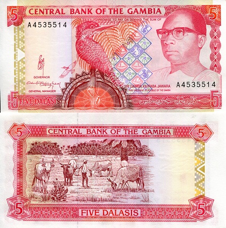 Gambia 5 Dalasi Pick Number: 12a UNC Banknote