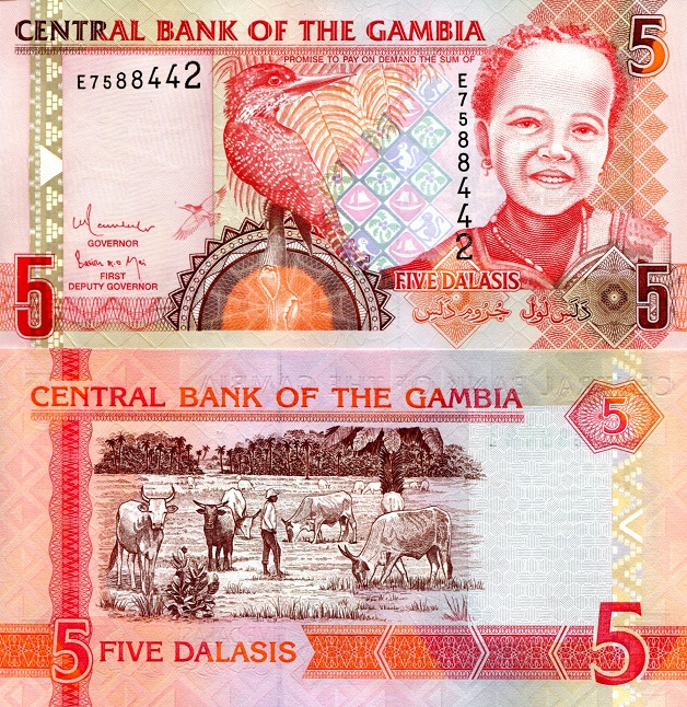 Gambia 5 Dalasi Pick Number: 25b UNC Banknote