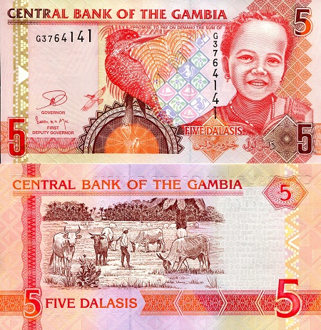 Gambia 5 Dalasi Pick Number: 25c UNC Banknote