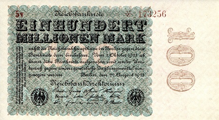 Germany 100,000,000 Mark Pick Number: 107b aUNC/XF Banknote
