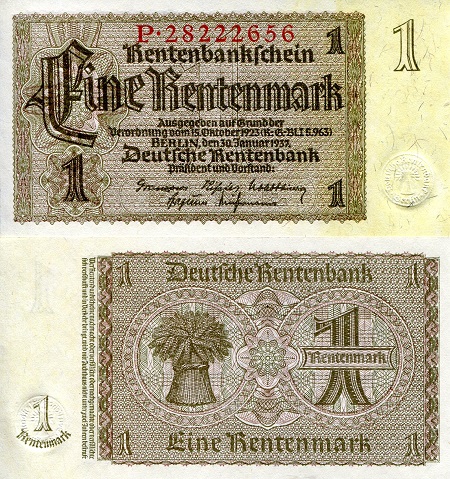 Germany 1 Rentenmark Pick Number: 173b UNC Banknote