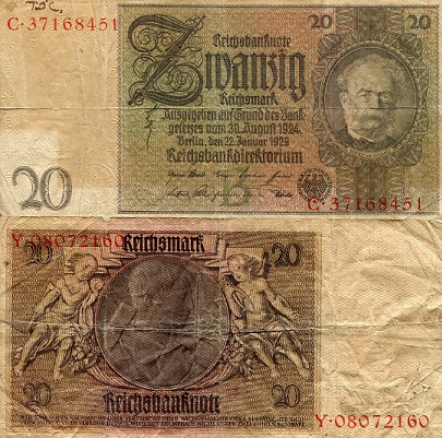 Germany 20 Reichmarks Pick Number: 181a G/Poor (pieces tapes together) Banknote