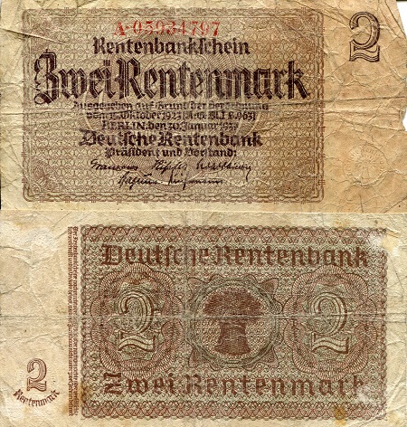 Germany 2 Rentenmark Pick Number: 174b G/Poor (see large scan) Banknote