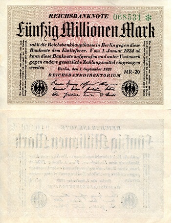 Germany 50,000,000 Mark Pick Number: 109e aUNC Banknote