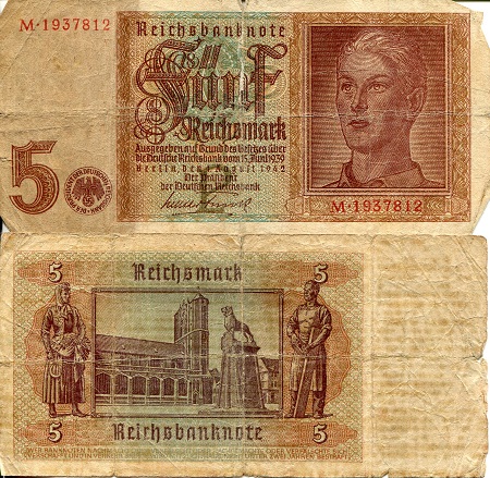 Germany 5 Reichmarks Pick Number: 186a G/Poor (see large scan) Banknote