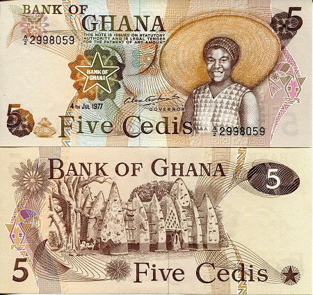 Ghana 5 Cedis Pick Number: 15e aUNC (some very minor issues) Banknote