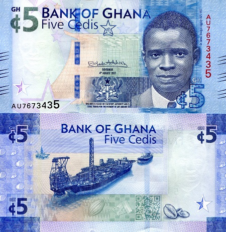 Ghana 5 Cedis Pick Number: 44a UNC Banknote