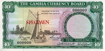 Gambia 10 Shillings Pick Number: 1s UNC Banknote