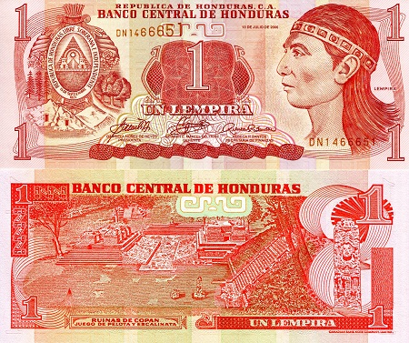 Honduras 1 Lempira Pick Number: 84e UNC Banknote