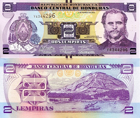 Honduras 2 Lempiras Pick Number: 97 UNC Banknote