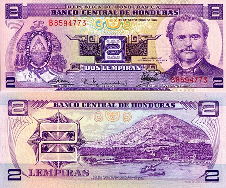 Honduras 2 Lempiras Pick Number: 61a UNC Banknote