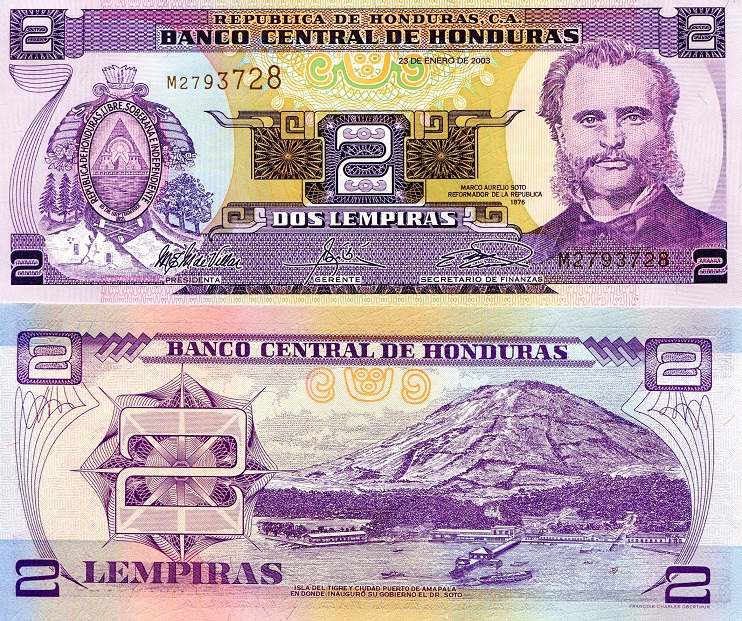 Honduras 2 Lempiras Pick Number: 80Ad UNC Banknote