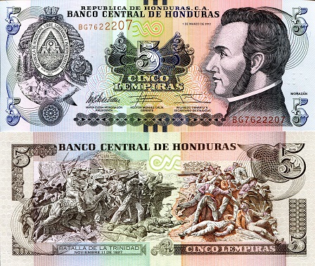 Honduras 5 Lempiras Pick Number: 98 UNC Banknote