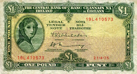 Ireland (Eire) 1 Pound (Punt) Pick Number: 64c F (See large scan) Banknote
