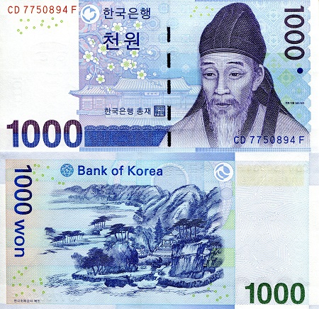 Korea South 1,000 Won Pick Number: 47 UNC Banknote