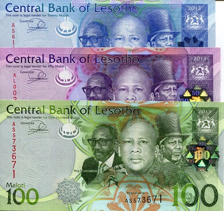 Lesotho 20 100 Maloti Pick Number: 22b, 23b, 24b UNC  Banknote