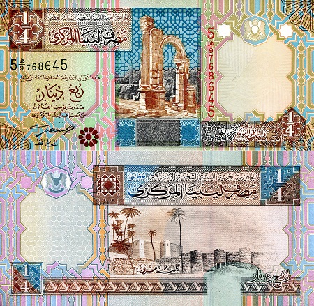 Libya 1/4 Dinar Pick Number: 62a UNC Banknote