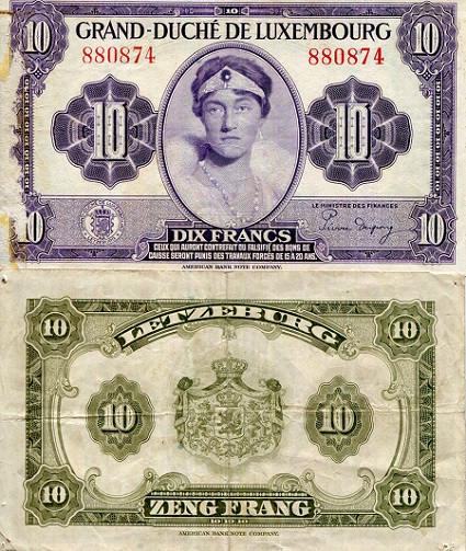 Luxembourg 10 Francs Pick Number: 44a VG/G (See large scan) Banknote