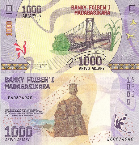 Madagascar 1,000 Ariary Pick Number: 100 aUNC (Corner issue) Banknote