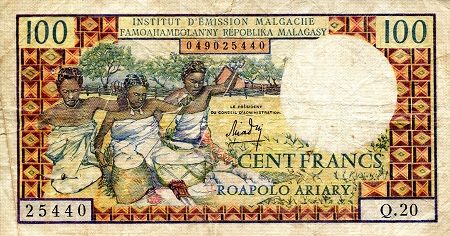 Madagascar 100 Francs Pick Number: 57 VG (see large scan) tear Banknote