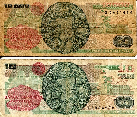 Mexico 10,000 & 10 Pesos VG & F (see large scans) pick #: 90c & 95