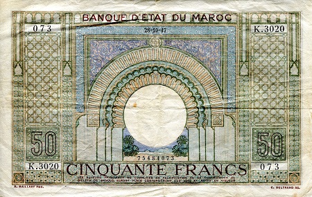 Morocco 50 Francs Pick Number: 21 F/VG (see scan) Banknote