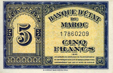 Morocco 5 Francs Pick Number: 24a VF (see large scan) Banknote